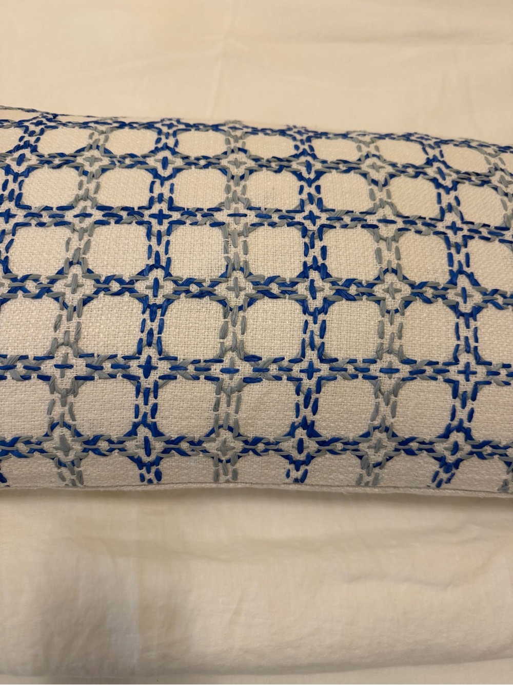Serena & Lily Blue and White Geometric Embroidered Lumbar Pillow - Picture 3 of 5